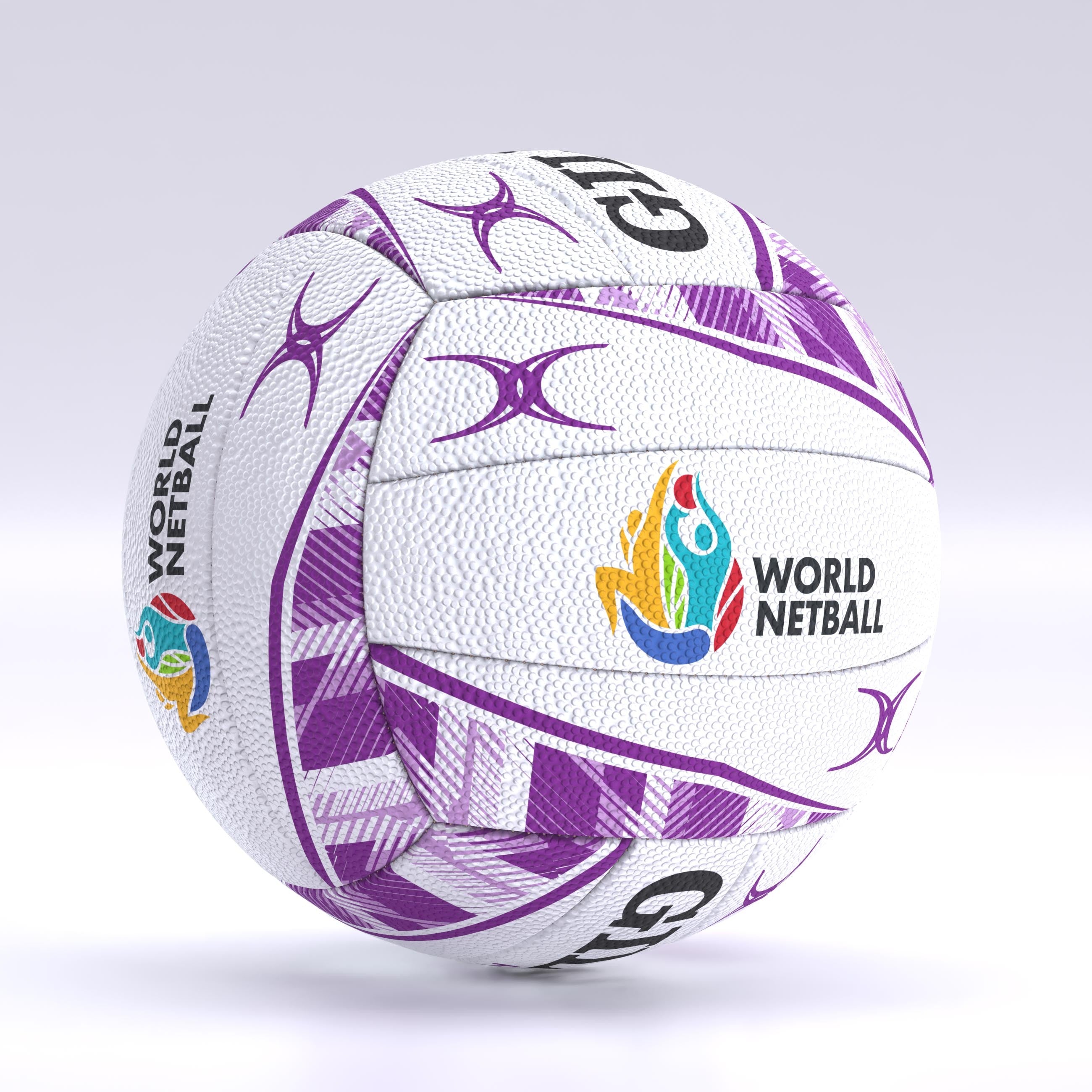 The Gilbert Hype Match Netball Ten Pack features white netballs with purple geometric patterns and the full-color World Netball logo. Ideal for matches or training, these quality rubber balls display the GILBERT brand and purple symbols on a light gradient background.
