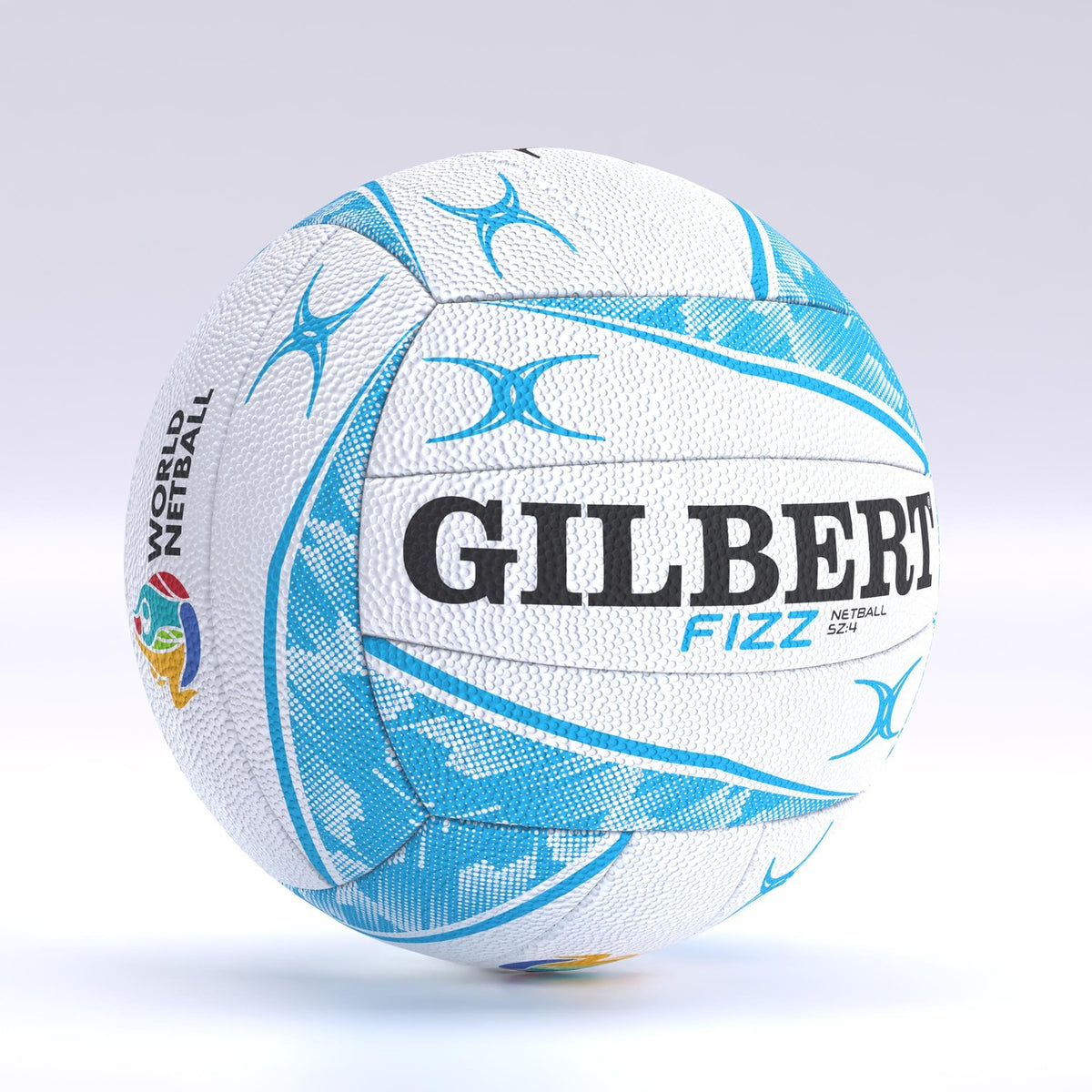 The Gilbert Fizz Match Netball by Gilbert features a white and blue design with abstract blue patterns, black branding, a performance butyl bladder, and the World Netball logo, displayed on a light gradient background.