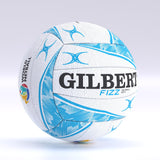 The Gilbert Fizz Match Netball by Gilbert features a white and blue design with abstract blue patterns, black branding, a performance butyl bladder, and the World Netball logo, displayed on a light gradient background.
