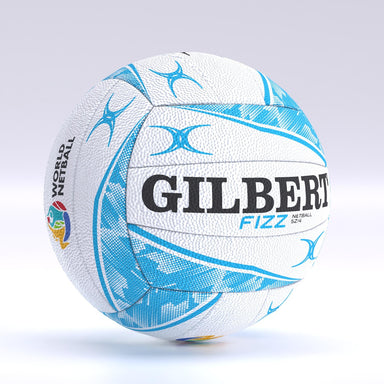 The Gilbert Fizz Match Netball by Gilbert features a white and blue design with abstract blue patterns, black branding, a performance butyl bladder, and the World Netball logo, displayed on a light gradient background.