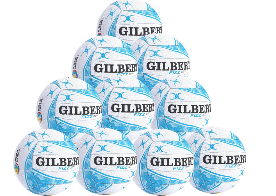 A pyramid of ten Gilbert Fizz Match Netballs, each with blue swirl patterns, the Gilbert logo, and a durable performance butyl bladder—offering quality like a Gilbert Match ball.