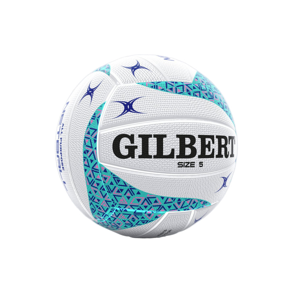 The Gilbert APT Netball is a white size 5 ball featuring teal and blue geometric patterns, star-like logos, and bold black GILBERT branding—an ideal choice for outdoor netball sessions among Gilbert netballs.