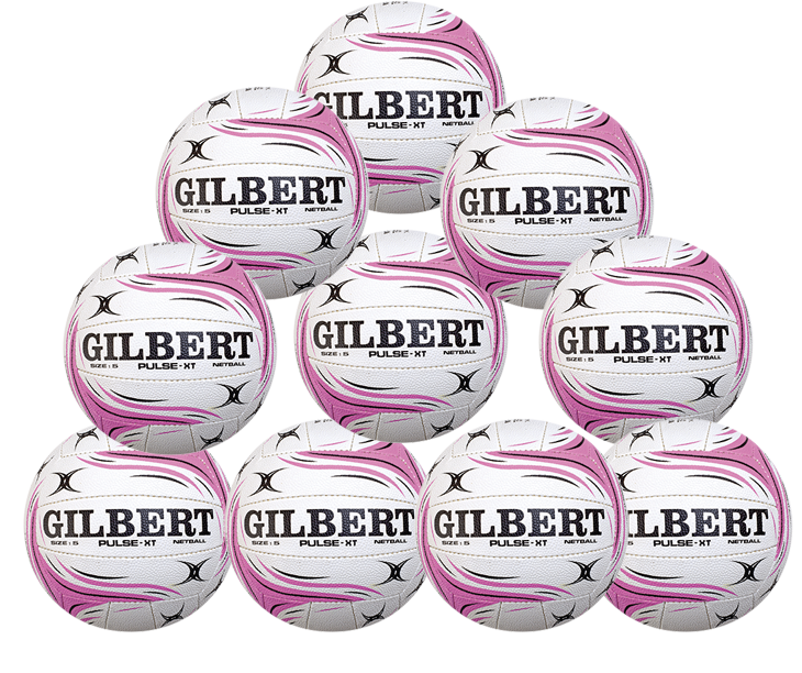 Ten Gilbert Pulse XT Netball SZ5 balls from Gilbert, perfect for club training, are arranged pyramid-style on a white background. Each ball prominently features the Gilbert brand name.