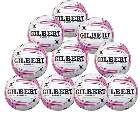 Ten Gilbert Pulse XT Netball SZ5 balls from Gilbert, perfect for club training, are arranged pyramid-style on a white background. Each ball prominently features the Gilbert brand name.