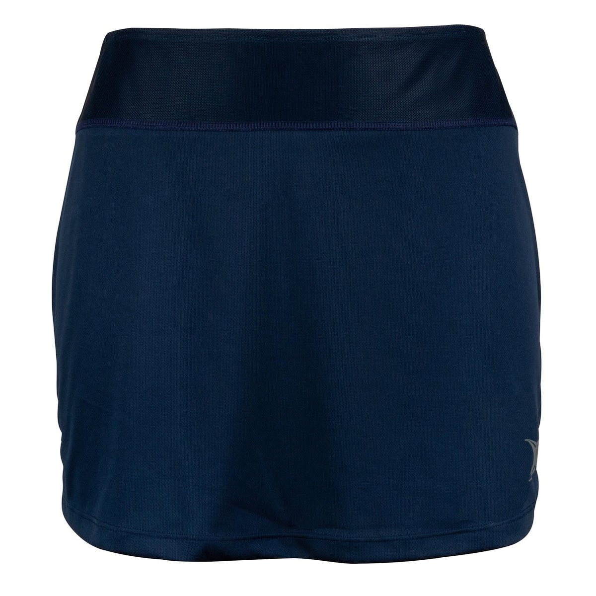 The Gilbert Atom Skort by Gilbert is a plain navy blue women’s skort featuring a wide waistband and subtle logo on the lower side. Crafted from stretchy polyester fabric with excellent moisture management, it delivers comfort for both sports and casual wear.