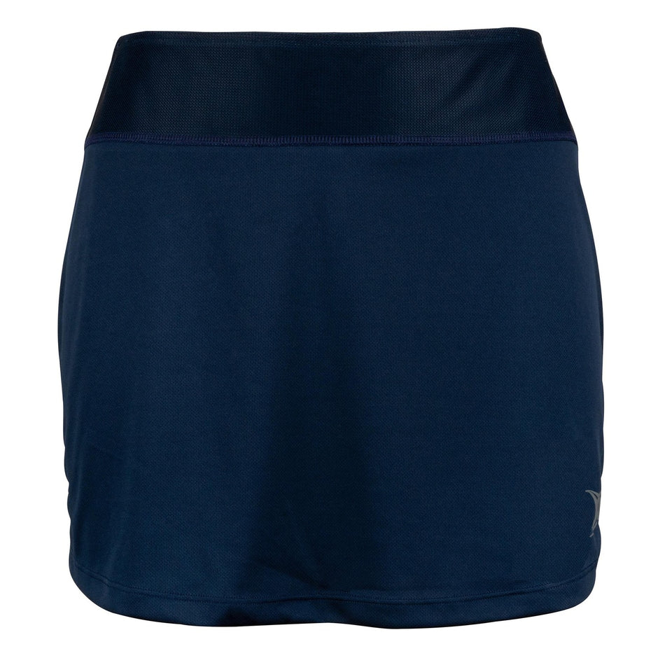 The Gilbert Atom Skort by Gilbert is a plain navy blue women’s skort featuring a wide waistband and subtle logo on the lower side. Crafted from stretchy polyester fabric with excellent moisture management, it delivers comfort for both sports and casual wear.
