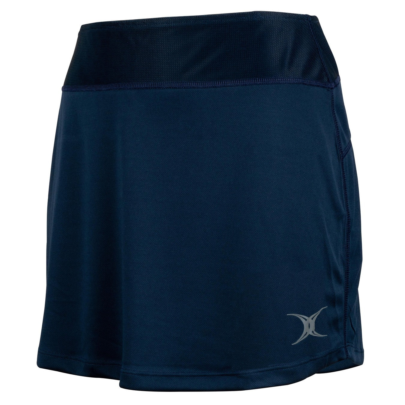 The Gilbert Atom Skort by Gilbert features a classic navy blue design with a wide waistband and a subtle silver logo near the left hem. Crafted from smooth polyester fabric, this women’s sports skort offers superior moisture management for lasting comfort, all while maintaining a simple, sporty style.