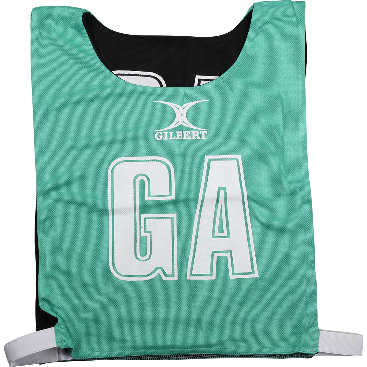 A green/black Gilbert Reversible Netball Bib featuring large GA letters and the Gilbert brand—ideal for team bibs at your next game.