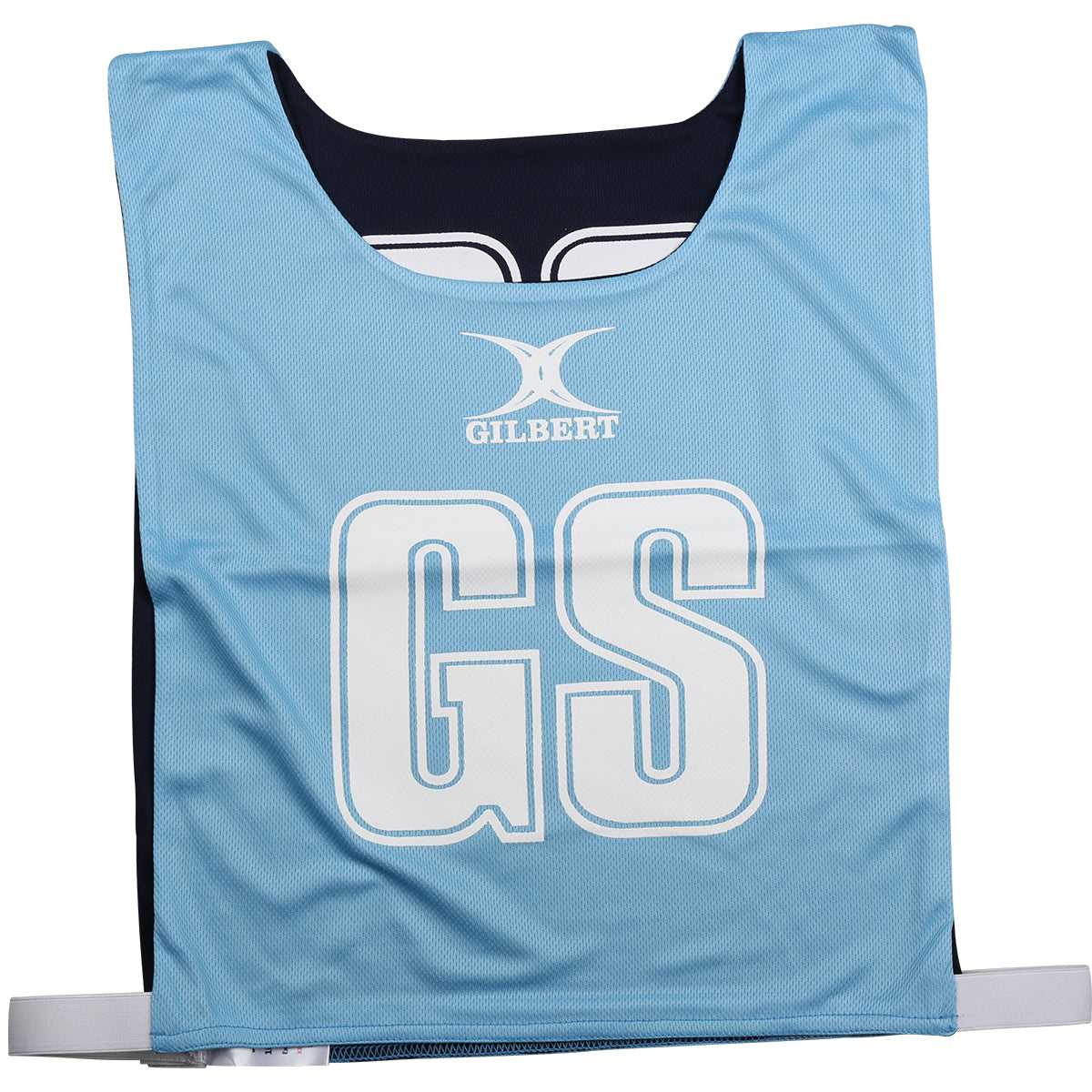 The Gilbert Reversible Netball Bib in sky/navy features bold white "GS" letters on the front and the GILBERT logo above. This sleeveless, athletic bib is perfect for teams to use in matches or training sessions.