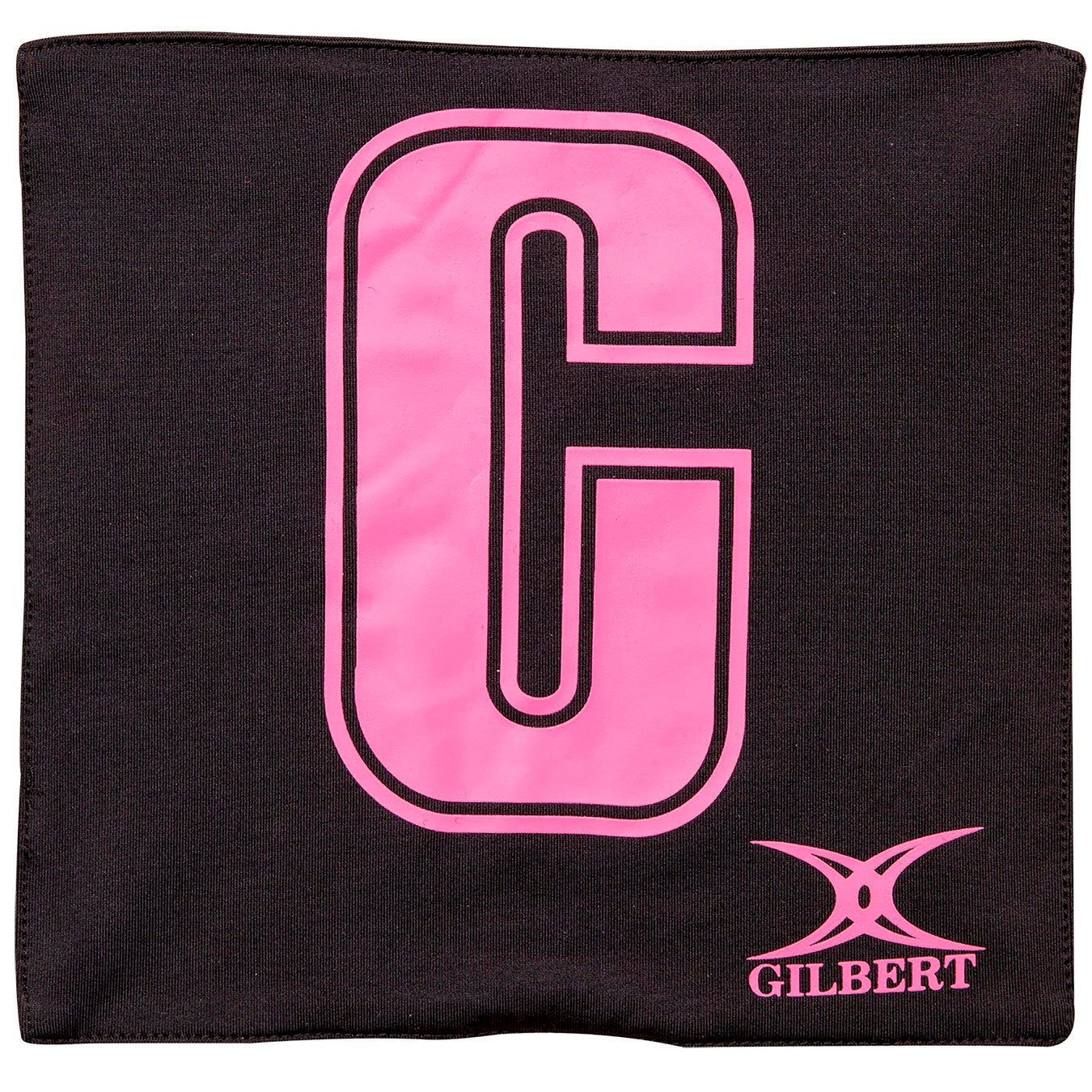 The Gilbert Pro Patch Bibs by Gilbert feature a black design with a large pink center "C" and the pink GILBERT logo at the bottom right—perfect for team player identification during netball training.