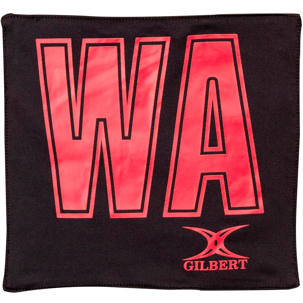 The Gilbert Pro Patch Bibs are black square netball training bibs with large red "WA" letters outlined in black for clear player ID, featuring the Gilbert logo and name in white at the bottom right corner.
