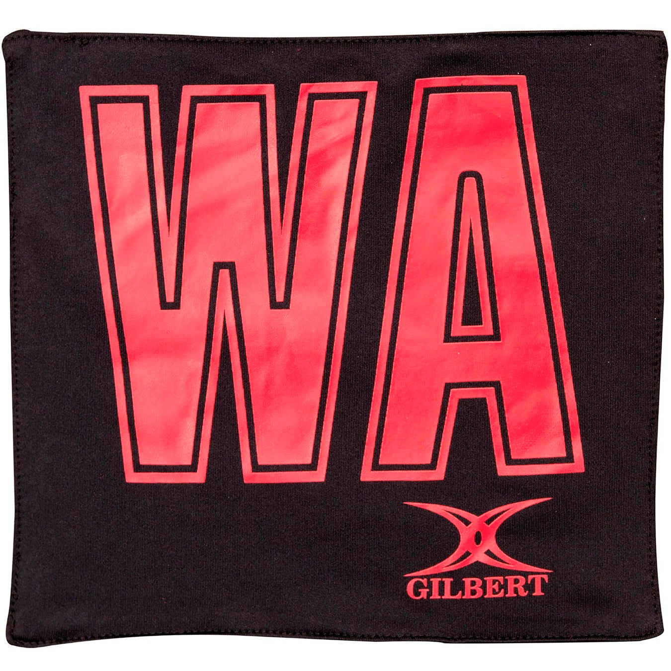 The Gilbert Pro Patch Bibs are black square netball training bibs with large red "WA" letters outlined in black for clear player ID, featuring the Gilbert logo and name in white at the bottom right corner.