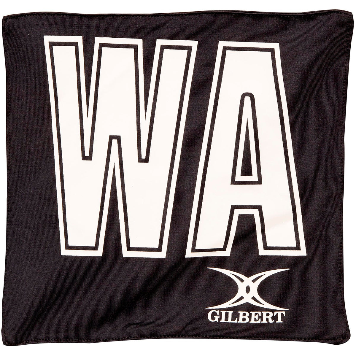 The Gilbert Pro Patch Bibs are black square netball training bibs featuring large white "WA" letters outlined in black, the "GILBERT" name, and logo—perfect for team identification and trusted Gilbert quality.