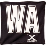 The Gilbert Pro Patch Bibs are black square netball training bibs featuring large white "WA" letters outlined in black, the "GILBERT" name, and logo—perfect for team identification and trusted Gilbert quality.