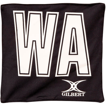 The Gilbert Pro Patch Bibs are black square netball training bibs featuring large white "WA" letters outlined in black, the "GILBERT" name, and logo—perfect for team identification and trusted Gilbert quality.