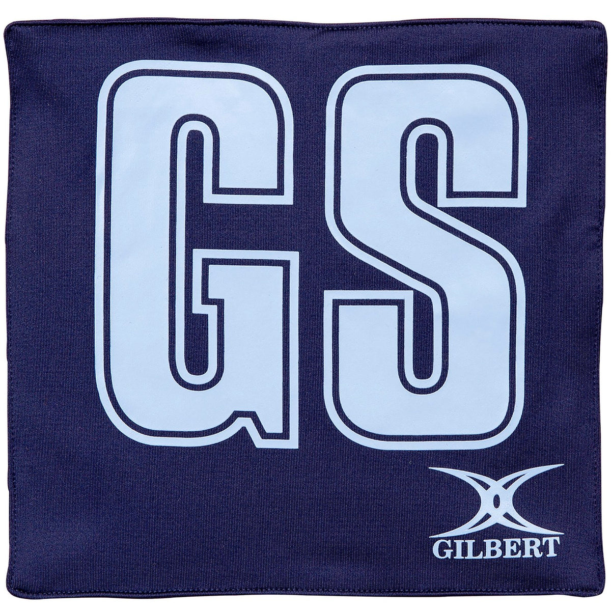 Navy blue Gilbert Pro Patch Bibs feature large white GS letters with black outline for clear player ID during netball training. Includes the Gilbert brand logo and name in white at the bottom right.