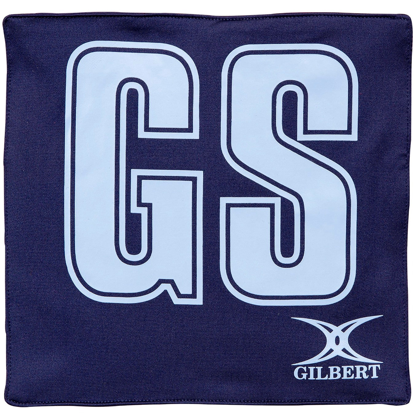 Navy blue Gilbert Pro Patch Bibs feature large white GS letters with black outline for clear player ID during netball training. Includes the Gilbert brand logo and name in white at the bottom right.