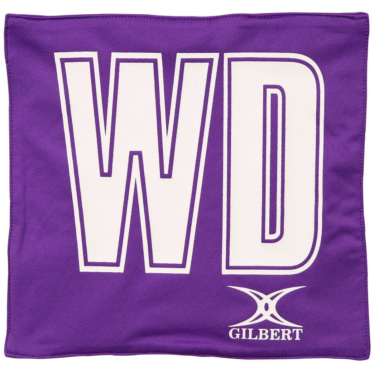 The Gilbert Pro Patch Bibs by Gilbert feature a purple design with large white "WD" letters and a white logo at the bottom right—perfect for identifying team players during netball training sessions.