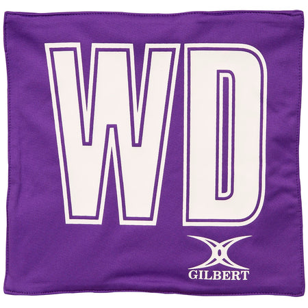 The Gilbert Pro Patch Bibs by Gilbert feature a purple design with large white "WD" letters and a white logo at the bottom right—perfect for identifying team players during netball training sessions.