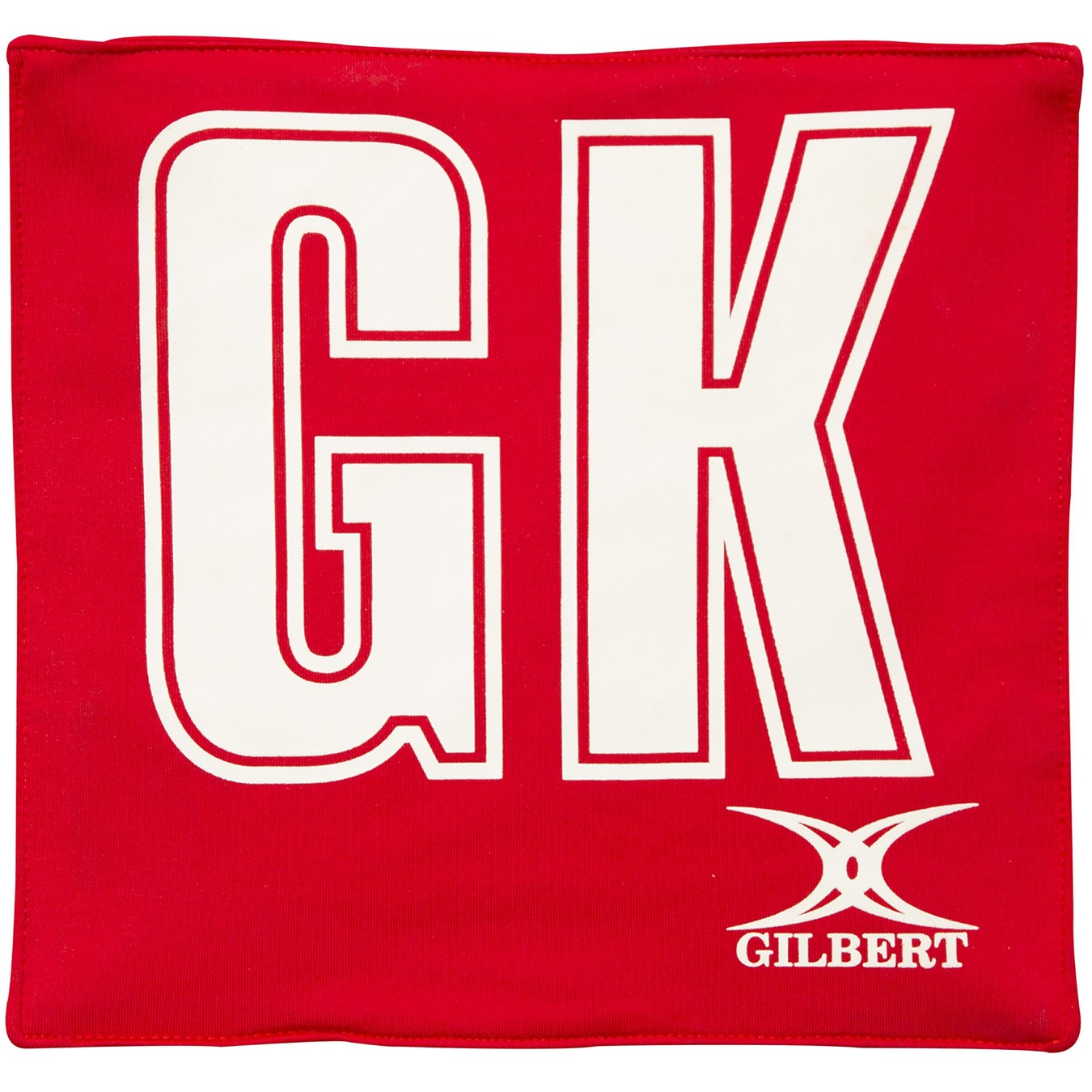 The Gilbert Pro Patch Bibs in red feature large white GK letters for easy player ID during netball training, with the Gilbert logo in white at the bottom right.