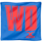 The Gilbert Pro Patch Bibs is a blue sports bib with large red 'WD' letters, ideal for team identification, and features the white and red Gilbert brand logo at the bottom right corner.