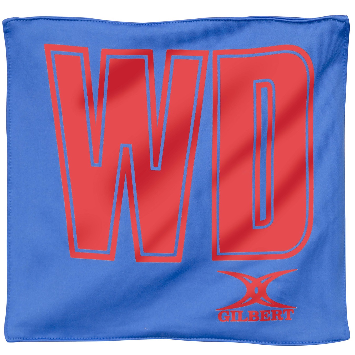 The Gilbert Pro Patch Bibs is a blue sports bib with large red 'WD' letters, ideal for team identification, and features the white and red Gilbert brand logo at the bottom right corner.