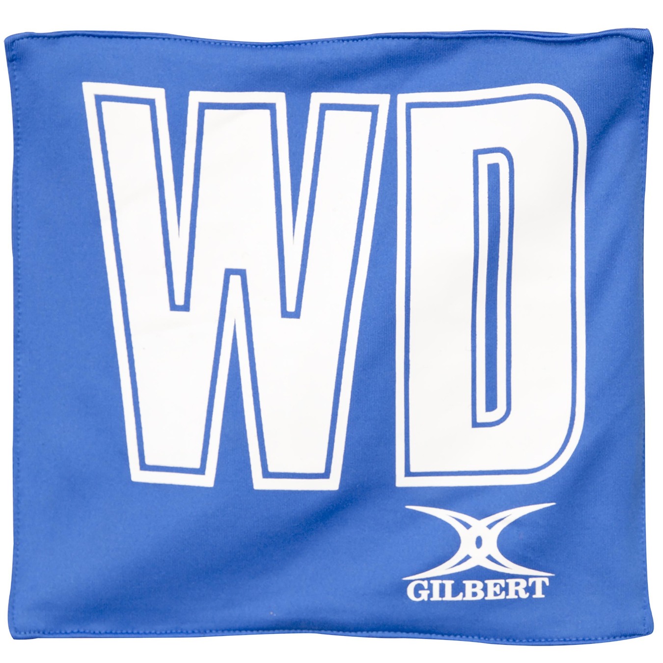 The Gilbert Pro Patch Bibs by Gilbert feature large white WD letters on a blue background for easy player ID, with the GILBERT logo at the bottom right—perfect netball training bibs.