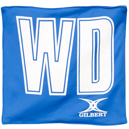 The Gilbert Pro Patch Bibs by Gilbert feature large white WD letters on a blue background for easy player ID, with the GILBERT logo at the bottom right—perfect netball training bibs.