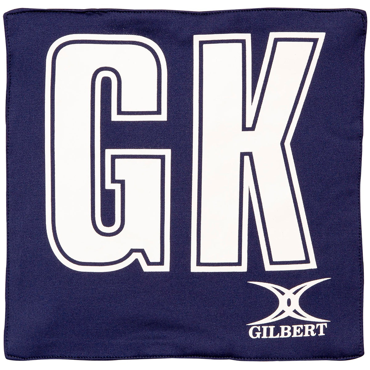 The Gilbert Pro Patch Bibs by Gilbert are navy blue with large white GK letters centered for team player identification in matches or training. The GILBERT logo appears at the bottom right.