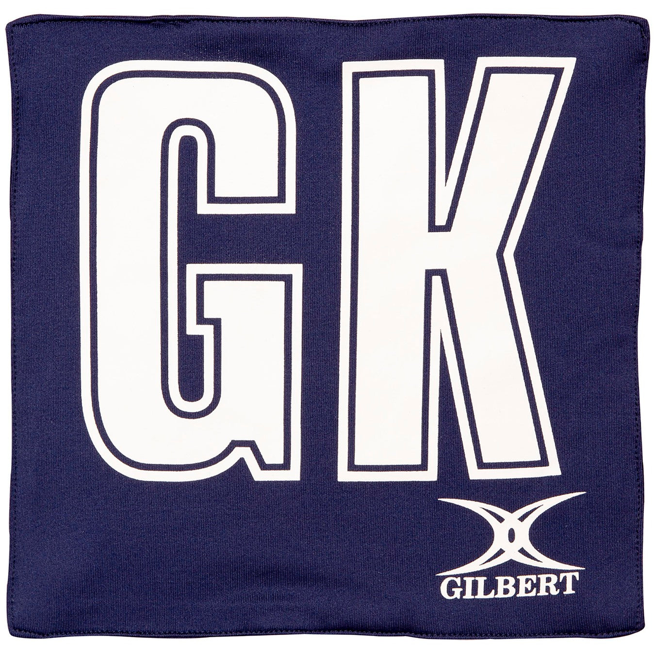 The Gilbert Pro Patch Bibs by Gilbert are navy blue with large white GK letters centered for team player identification in matches or training. The GILBERT logo appears at the bottom right.