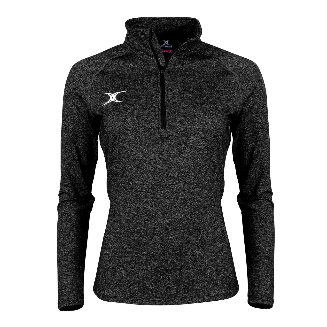 The Gilbert Atom Midlayer is a black women’s training top with long sleeves, a quarter-zip front, and a small white Gilbert logo on the left chest, shown on an invisible mannequin against a white background. Lightweight for comfort and performance.