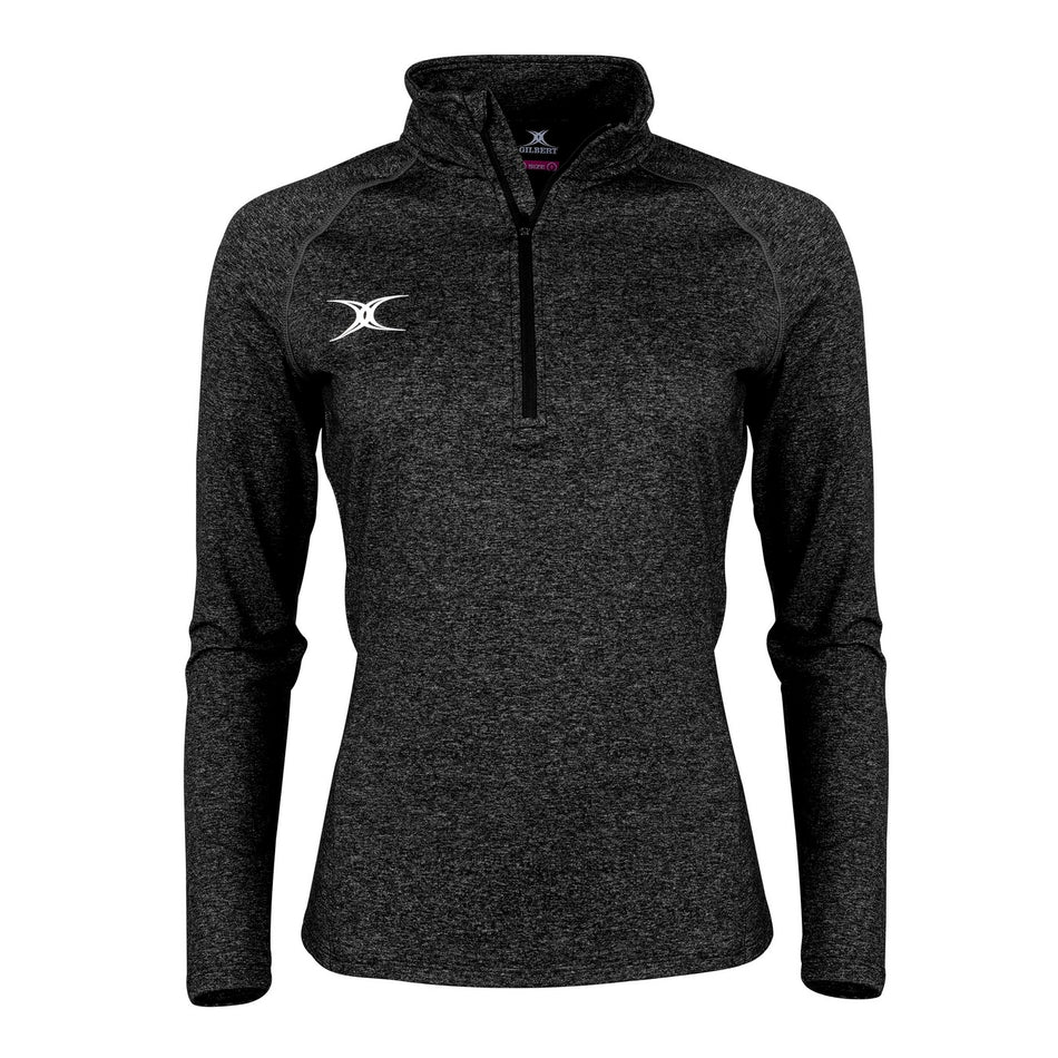 The Gilbert Atom Midlayer is a black women’s training top with long sleeves, a quarter-zip front, and a small white Gilbert logo on the left chest, shown on an invisible mannequin against a white background. Lightweight for comfort and performance.