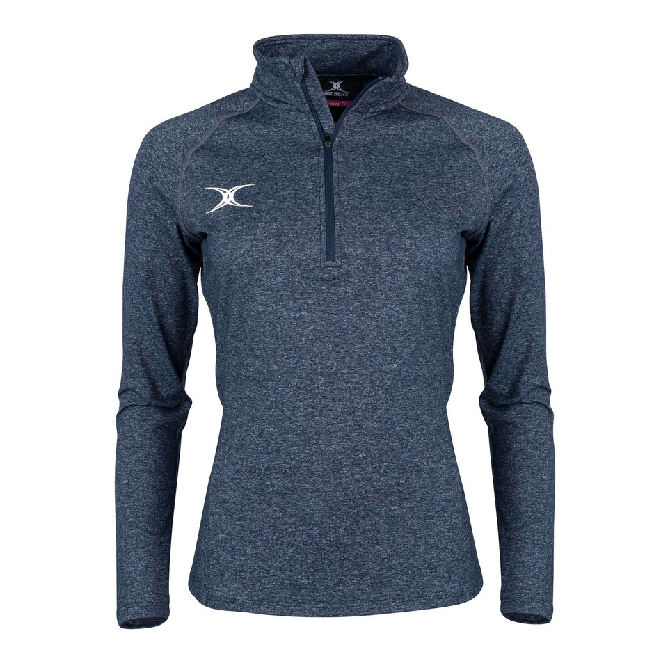 The Gilbert Atom Midlayer by Gilbert is a dark navy, long-sleeve quarter-zip athletic top with a white embroidered left chest logo, standing collar, and fitted, lightweight design, shown on a plain white background.