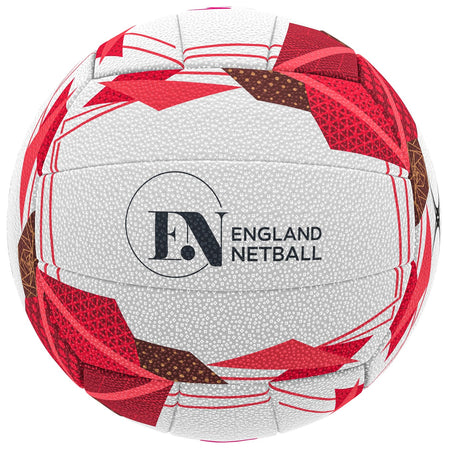 The Gilbert Quantum X5 England Netball SZ5 is a white high-performance indoor match ball with red geometric patterns and the black England Netball logo, crafted by Gilbert as the official ball for elite-level play.