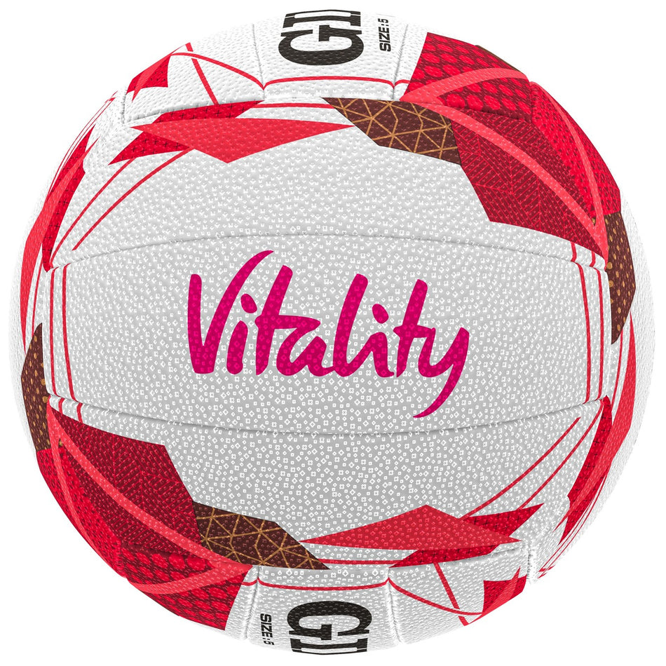 The Gilbert Quantum X5 England Netball SZ5 is a white elite-level match ball by Gilbert, featuring red and brown geometric patterns and "Vitality" in pink—perfect for high-performance indoor netball games.