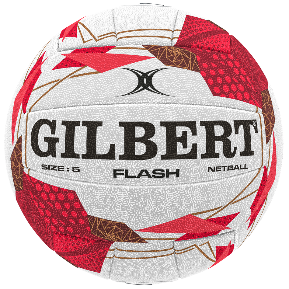 The Gilbert Flash England Netball SZ5 is a white ball with red and brown leaf designs, black branding, and "SIZE: 5 FLASH NETBALL." It features a grip similar to the England Vitality Match Ball for top court performance.