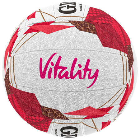 The Gilbert Flash England Netball SZ5 is a white match ball by Gilbert, featuring red and brown geometric patterns, "Vitality" in pink across the center, and trusted Gilbert grip—designed for England Vitality Netball games.