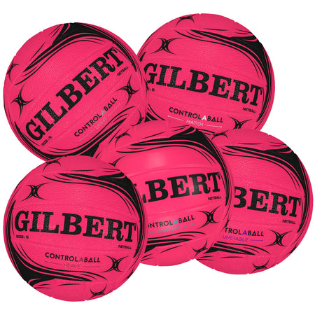 Five vibrant pink Gilbert Control-A-Ball Netballs with black patterns and bold Gilbert branding are arranged together, displaying multiple angles. Ideal for passing and catching drills, these striking training balls stand out on the court.