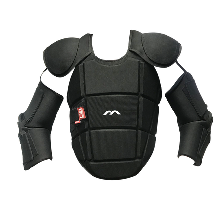 The Mercian Genesis 1 Body Armour offers Level 3 protection for intermediate goalkeepers, featuring shoulder, chest, and arm padding for sports or martial arts. Shown on a plain white background with a small white Mercian logo on the chest.