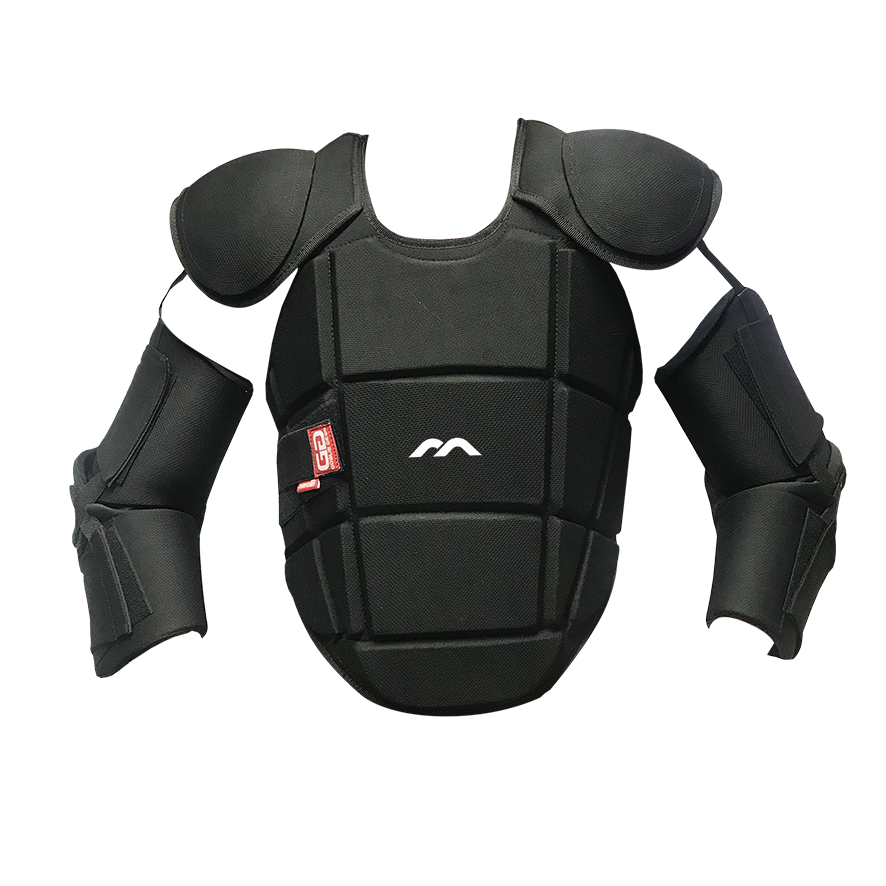 The Mercian Genesis 1 Body Armour offers Level 3 protection for intermediate goalkeepers, featuring shoulder, chest, and arm padding for sports or martial arts. Shown on a plain white background with a small white Mercian logo on the chest.