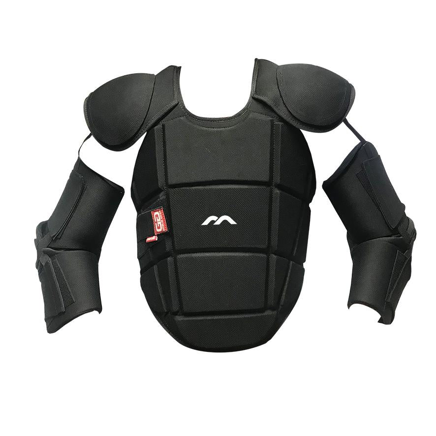 The Mercian Genesis 1 Body Armour offers level 3 protection for intermediate goalkeepers, with black padded shoulders, elbows, and forearms, plus a white chest logo and red patch on the left arm. Ideal for sports or safety use.