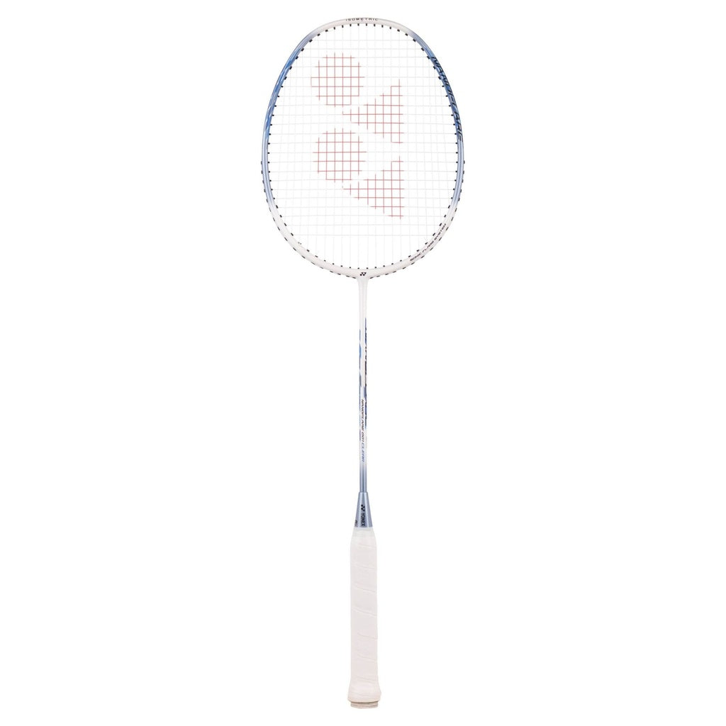 The Yonex Nanoflare 001 Clear Badminton Racket features a white grip, slim silver shaft, and an oval stringed head with a red geometric pattern—perfect for club players seeking precision and style.
