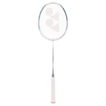 The Yonex Nanoflare 001 Clear Badminton Racket features a white grip, slim silver shaft, and an oval stringed head with a red geometric pattern—perfect for club players seeking precision and style.