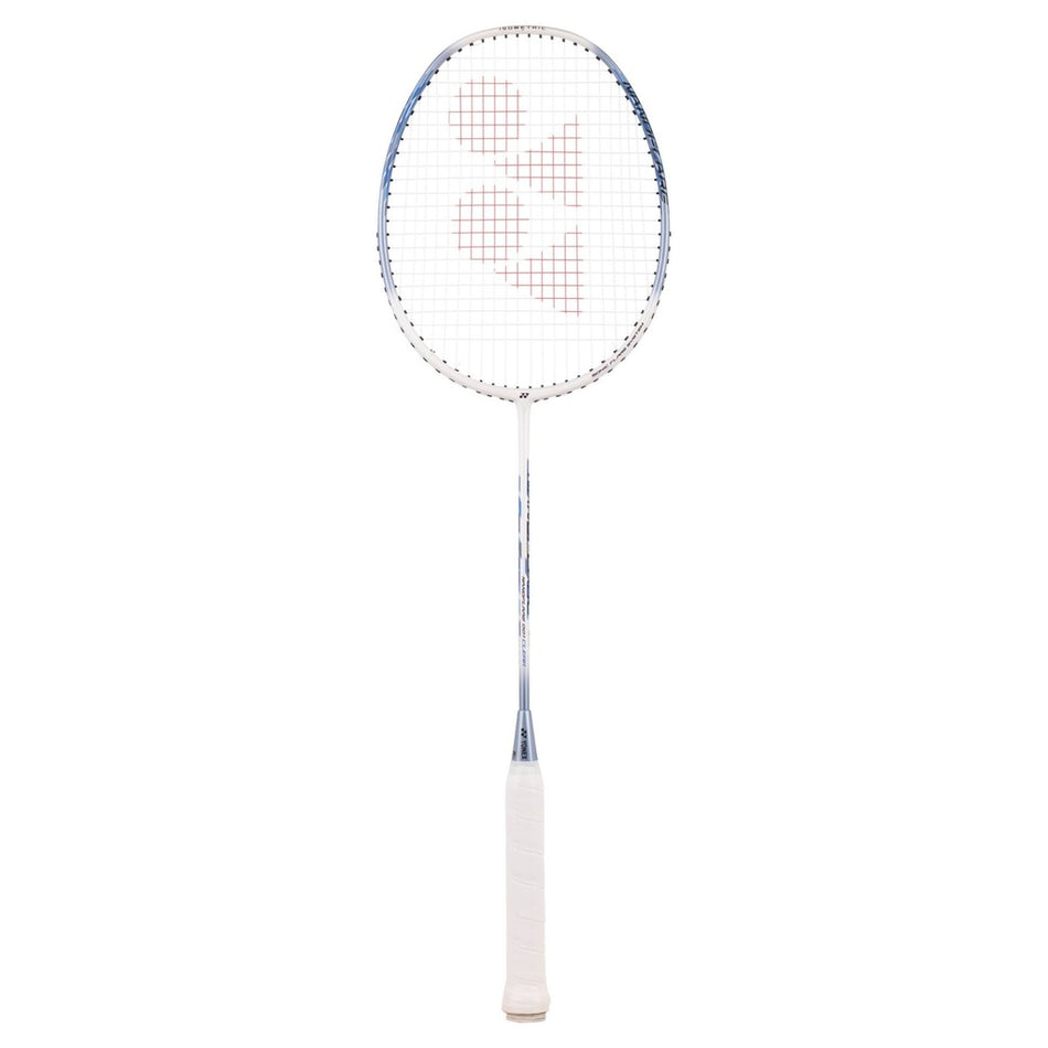 The Yonex Nanoflare 001 Clear Badminton Racket features a white grip, slim silver shaft, and an oval stringed head with a red geometric pattern—perfect for club players seeking precision and style.