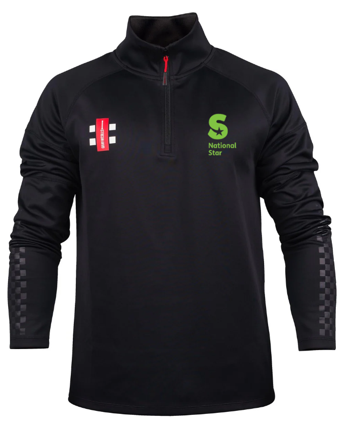 The Gray Nicolls National Star College CC Pro Thermo Fleece is a black, long-sleeve sports top with a red 1/4 zip, checkered lower sleeves, a green club badge left chest, and a white-red rectangular logo right chest.