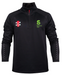 The Gray Nicolls National Star College CC Pro Thermo Fleece is a black, long-sleeve sports top with a red 1/4 zip, checkered lower sleeves, a green club badge left chest, and a white-red rectangular logo right chest.