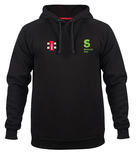 The Gray Nicolls National Star College CC Velocity Hoodie is a black, organic cotton hoodie with a white and red rectangular logo on the left chest and a green National Star logo on the right, combining comfort and eco-friendly style.