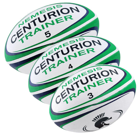 Three Centurion Nemesis Trainer Rugby Balls, sizes 5, 4, and 3, are arranged in a row. Hand-stitched and water-repellent, each features white, green, and blue designs with a spartan helmet logo on the nearest ball.