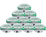 Ten Centurion Nemesis Trainer Rugby Balls are stacked in a pyramid. Each durable ball from Centurion features a water-repellent rubber surface for top performance and is included in the convenient Ten Pack.