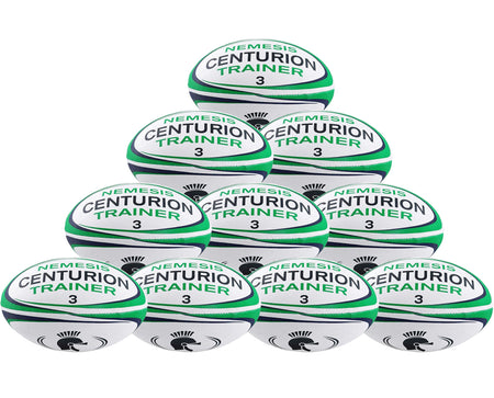 Ten Centurion Nemesis Trainer Rugby Balls are stacked in a pyramid. Each durable ball from Centurion features a water-repellent rubber surface for top performance and is included in the convenient Ten Pack.